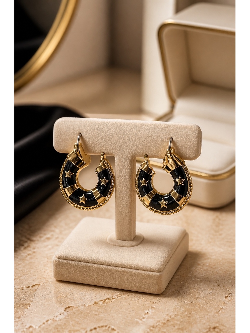 Avon Nautical Gold Tone Black Enamel Star Hoop Earrings Pierced